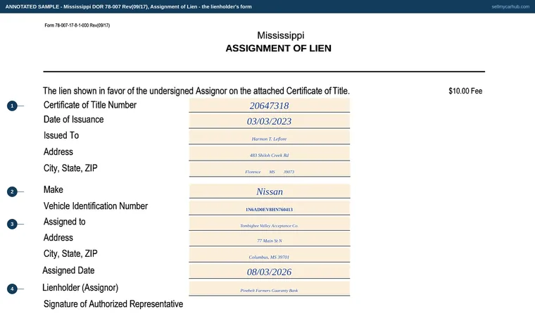 Top of our filled-in example of Mississippi 78-007, Assignment of Lien
