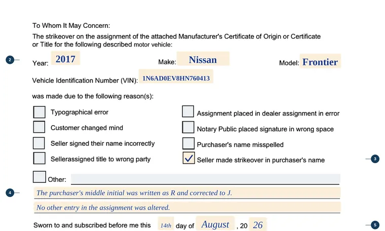 Part of our filled-in example of Mississippi 78-008, Affidavit of Correction, showing the filled-in entries