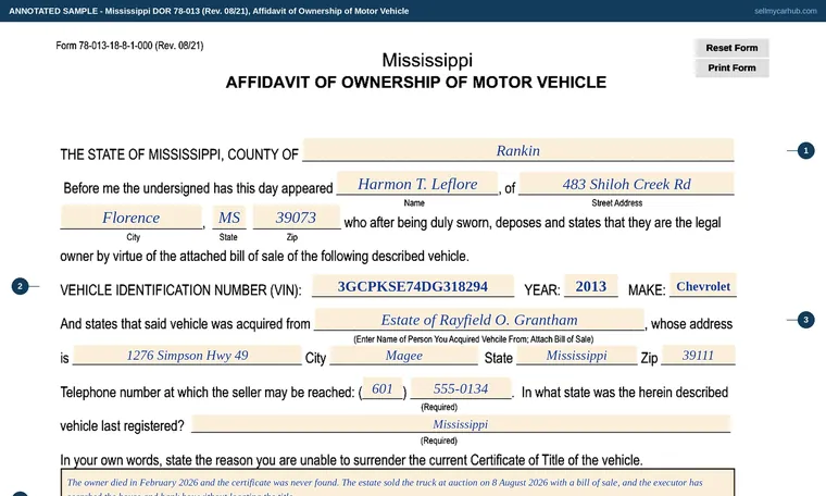 Top of our filled-in example of Mississippi 78-013, Affidavit of Ownership of Motor Vehicle