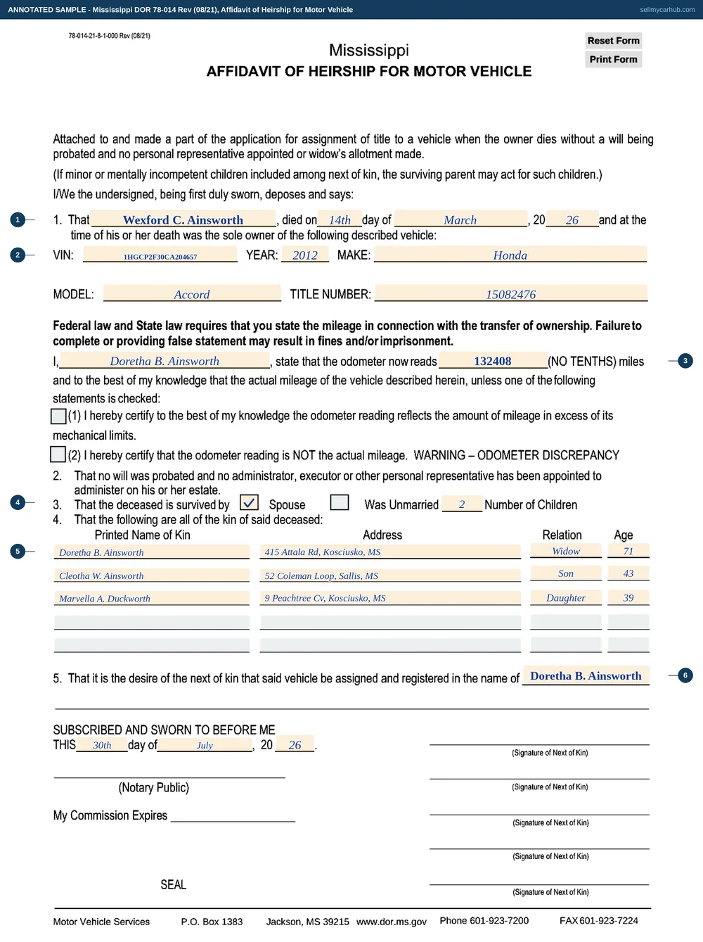 A Mississippi Form 78-014 Affidavit of Heirship filled in: Wexford C. Ainsworth of Kosciusko died 14 March 2026 as sole owner of a 2012 Honda Accord, VIN 1HGCP2F30CA204657, title number 15082476; the odometer is certified at 132408 miles; the affidavit states no will was probated; the survivors line shows a spouse and two children; the kin table lists Doretha B. Ainsworth, widow, Cleotha W. Ainsworth, son, and Marvella A. Duckworth, daughter, with addresses and ages; paragraph 5 directs the vehicle to Doretha B. Ainsworth; and the five next-of-kin signature rules and the notary block are left for ink.