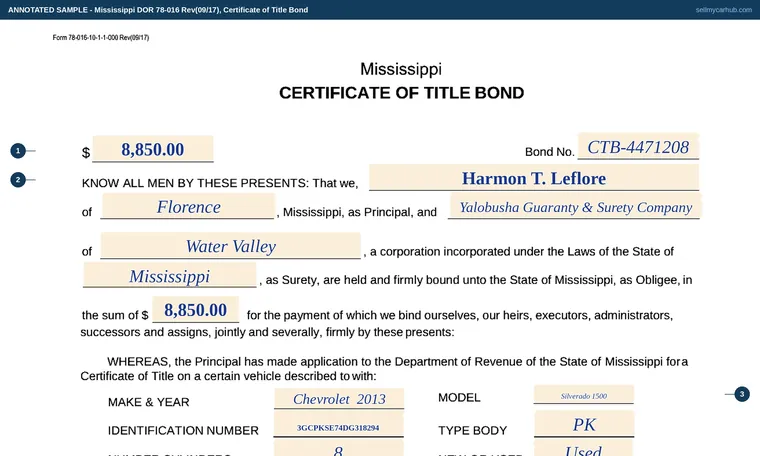 Top of our filled-in example of Mississippi 78-016, Certificate of Title Bond