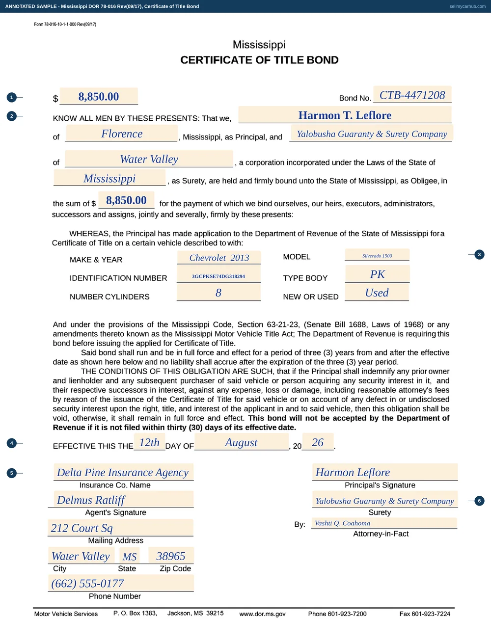 A Mississippi Form 78-016 Certificate of Title Bond filled in: penal sum $8,850.00, bond number CTB-4471208, Principal Harmon T. Leflore of Florence, Mississippi, Surety Yalobusha Guaranty & Surety Company incorporated under the laws of Mississippi, covering a 2013 Chevrolet Silverado, VIN 3GCPKSE74DG318294, eight cylinders, used, effective 12 August 2026, executed by the insurance agency and by the surety's attorney-in-fact with the principal's signature.