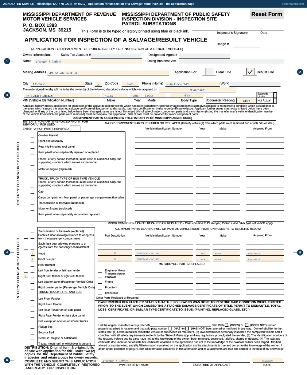Page two of a Mississippi Form 78-021 filled in: owner-rebuilder Harmon T. Leflore of Florence applies for a Rebuilt Title inspection of a 2016 Hyundai Sonata, VIN 5NPE24AF1GH037291, acquired 08/02/2026, odometer 64327 with neither box ticked, the parts grid coding a replaced used hood and front bumper as 1-U and a repaired right front fender as 2, one donor vehicle's VIN, year, make and source completed against the replaced minor parts, and the applicant's typed name and date at the foot beside a signature line left for ink, with the inspector's corner empty.