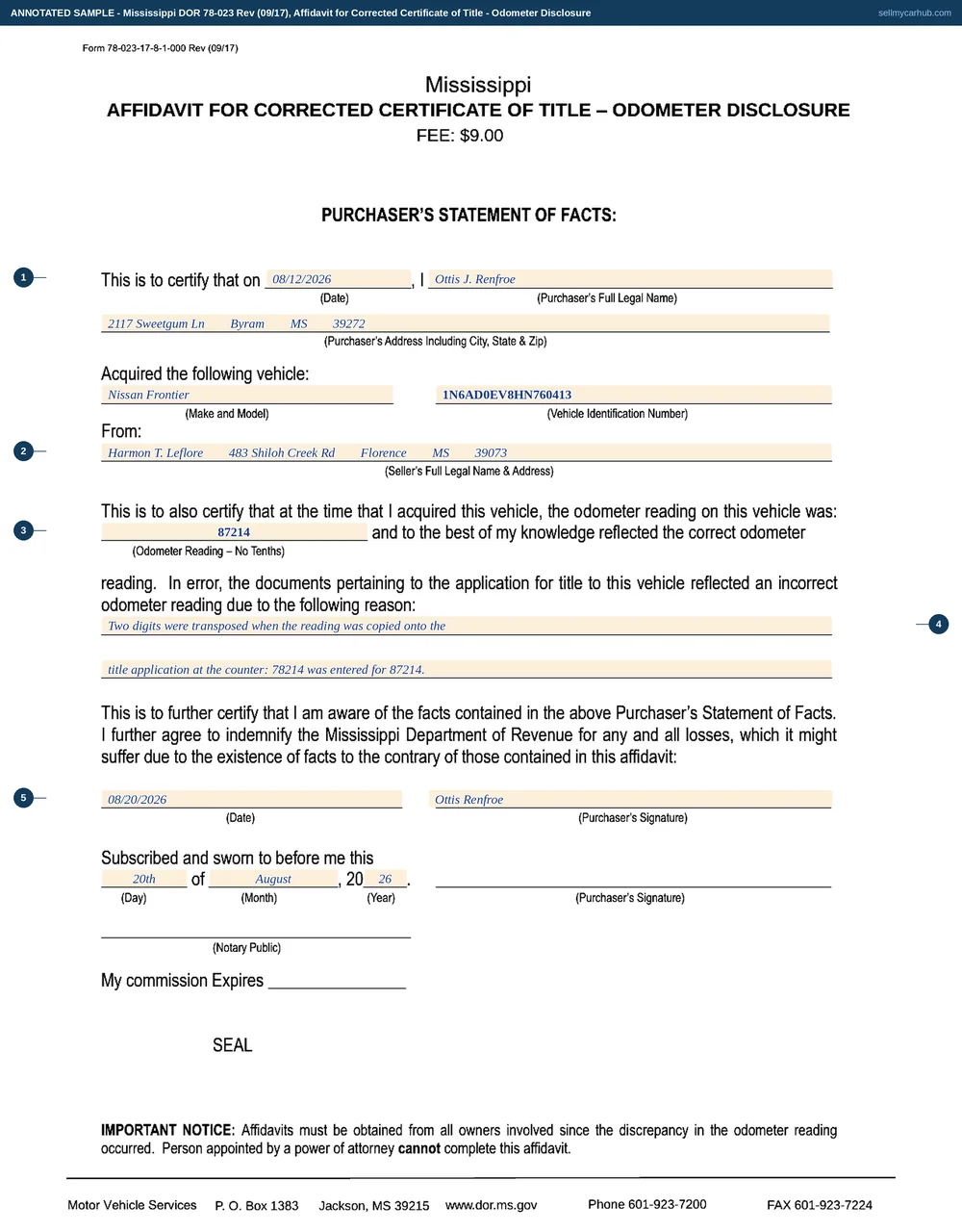 A Mississippi Form 78-023 filled in: purchaser Ottis J. Renfroe of Byram certifies that on 08/12/2026 he acquired a 2017 Nissan Frontier, VIN 1N6AD0EV8HN760413, from Harmon T. Leflore of Florence with the odometer reading 87214, explains that the title application recorded 78214 through transposed digits at the counter, and signs above a completed notary jurat.