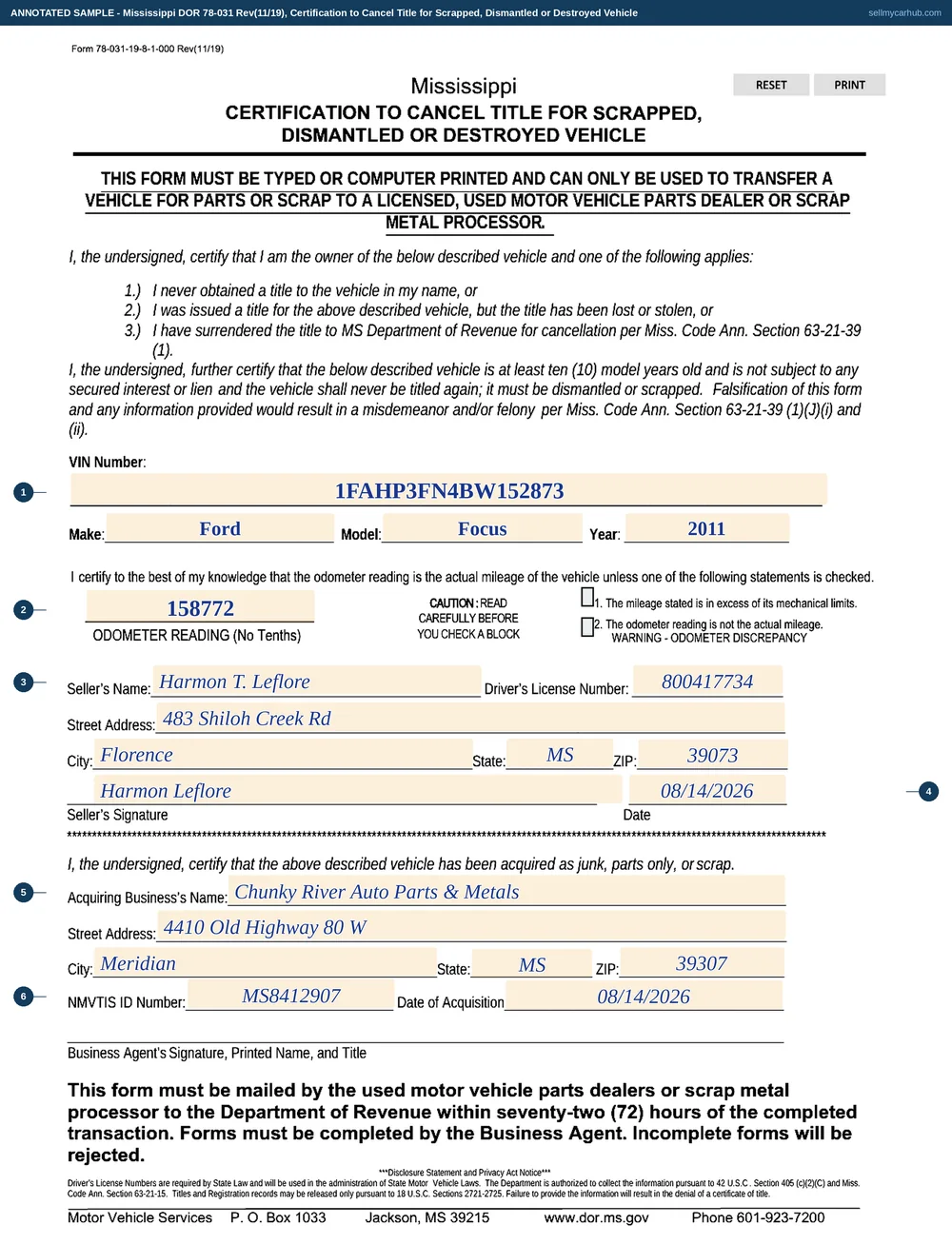 A Mississippi Form 78-031 filled in: Harmon T. Leflore certifies he was issued a title now lost for a 2011 Ford Focus, VIN 1FAHP3FN4BW152873, at least ten model years old and lien-free, odometer 158772 with neither exception checked, gives his driver's license number and Florence address and signs with the date; the acquirer's half names Chunky River Auto Parts and Metals of Meridian with its NMVTIS ID number and acquisition date, and the business agent's signature line is left for ink.