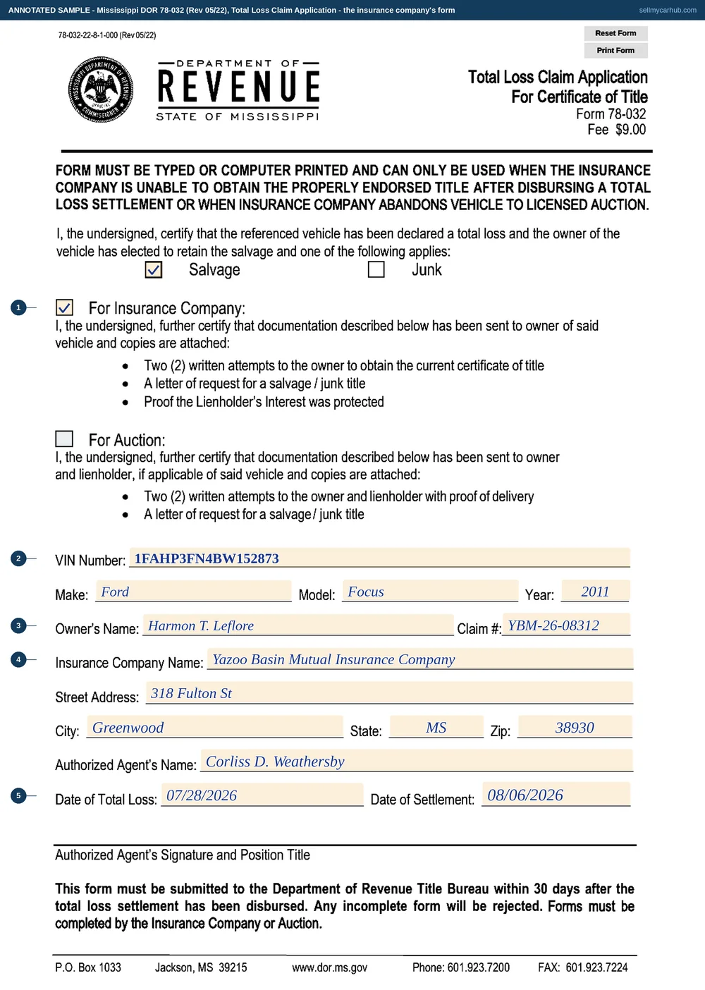 A Mississippi Form 78-032 filled in as the insurer's document it is: Yazoo Basin Mutual Insurance Company certifies a 2011 Ford Focus, VIN 1FAHP3FN4BW152873, owner Harmon T. Leflore, claim YBM-26-08312, was declared a total loss with the Salvage box and the For Insurance Company certification ticked, the dates of total loss and settlement completed, authorized agent Corliss D. Weathersby named, and the signature-and-position line left for ink.