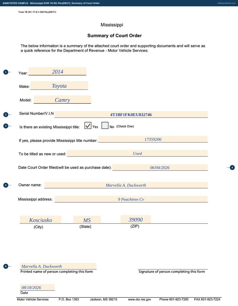 A Mississippi Form 78-301 Summary of Court Order filled in: a 2014 Toyota Camry, VIN 4T1BF1FK0EU832746, an existing Mississippi title checked yes with title number 17359206 provided, to be titled as used, the court order's filing date 06/04/2026 entered as the purchase date, and owner Marvella A. Duckworth of Kosciusko, Mississippi.