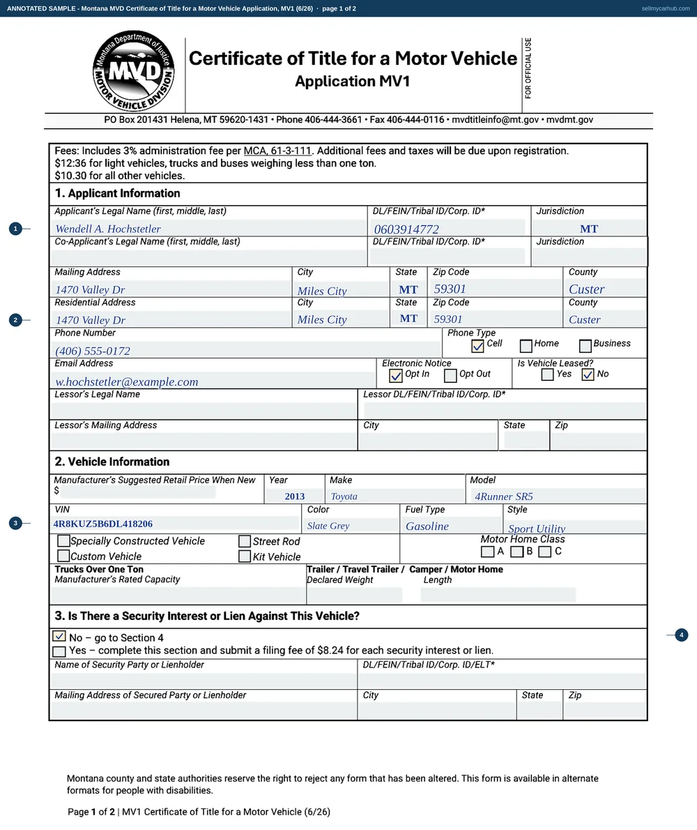 A completed Montana MV1 Certificate of Title for a Motor Vehicle Application. Section 1 names applicant Wendell A. Hochstetler of Miles City, Custer County, Montana, with mailing and residential addresses and a cell phone number, electronic notice opted in and the vehicle recorded as not leased. Section 2 describes a 2013 Toyota 4Runner SR5 in slate grey with its vehicle identification number, gasoline fuel type and sport utility style. Section 3 is answered No, there is no security interest. On the second page the applicant's printed name, signature and date are completed. The co-applicant block, the lessor block, the specially constructed and motor home ticks, the lien block and the whole dealer odometer statement of sale are shaded grey.