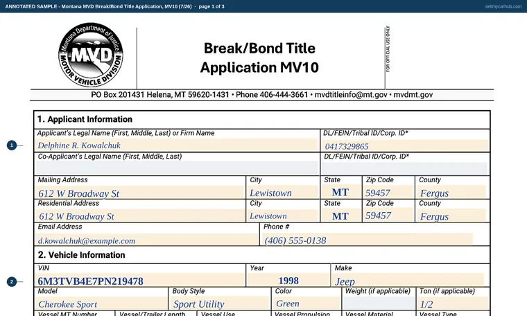 Top of page 1 of our filled-in example of Montana MV10, Break/Bond Title Application