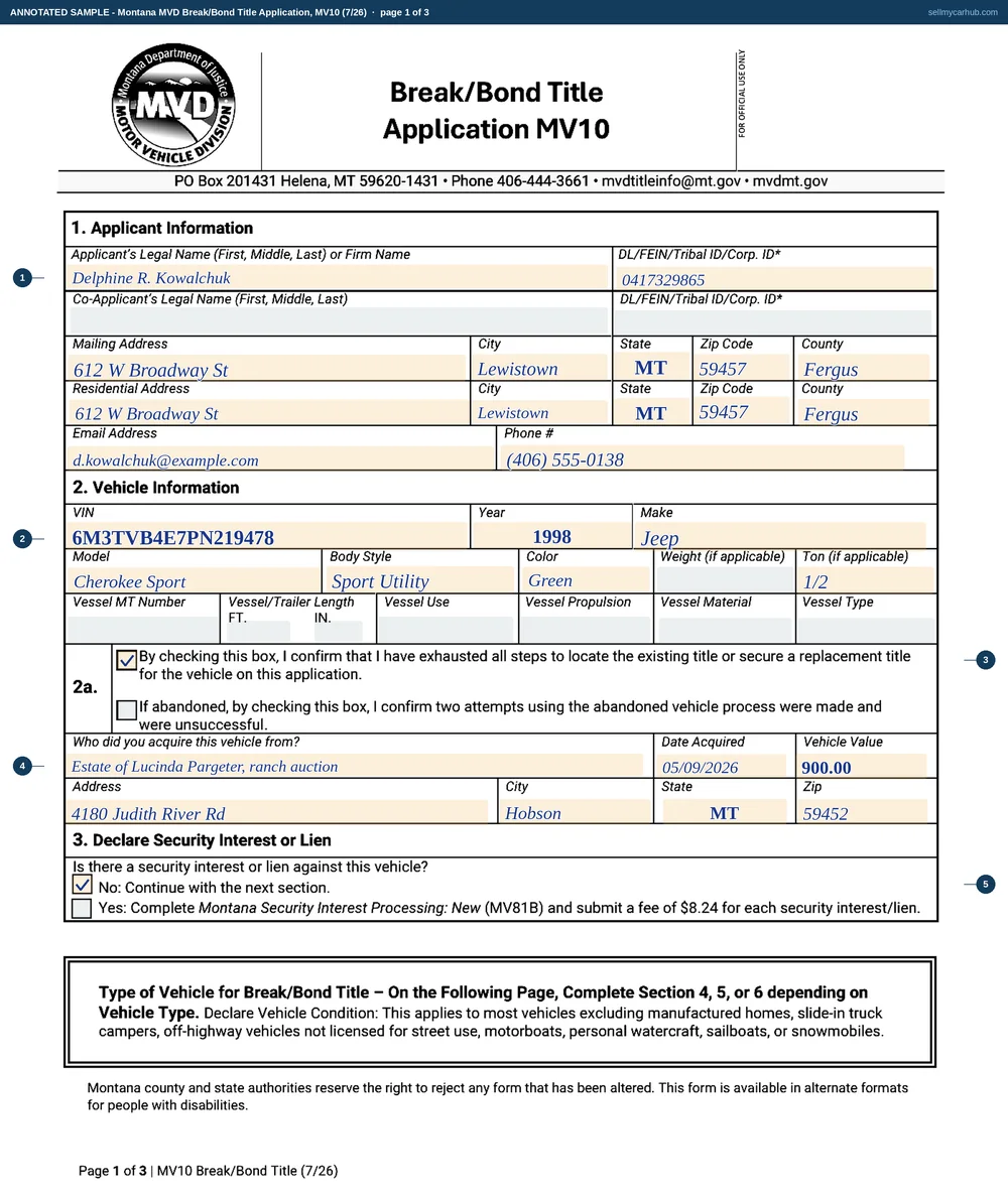 A completed Montana MV10 Break/Bond Title Application. Page one names applicant Delphine R. Kowalchuk of Lewistown, Fergus County, Montana, describes a 1998 Jeep Cherokee Sport in green with its vehicle identification number, ticks the section 2a box confirming that all steps to locate the existing title have been exhausted, records that the vehicle was acquired on 05/09/2026 from the estate of Lucinda Pargeter at a ranch auction in Hobson, Montana with a value of $900.00, and answers No to the security interest question. Page two ticks the certification that the vehicle meets mechanically functional condition and the branch showing a value less than $1,000, so no bond is required, and carries the applicant's printed name, signature and the date 05/22/2026. The co-applicant block, the vessel fields, the abandoned-vehicle box, the manufactured home valuation and the vessel and off-highway category are shaded grey.