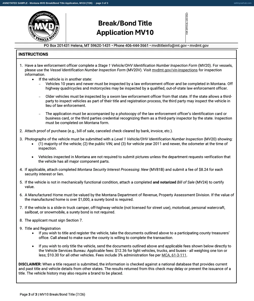 A completed Montana MV10 Break/Bond Title Application. Page one names applicant Delphine R. Kowalchuk of Lewistown, Fergus County, Montana, describes a 1998 Jeep Cherokee Sport in green with its vehicle identification number, ticks the section 2a box confirming that all steps to locate the existing title have been exhausted, records that the vehicle was acquired on 05/09/2026 from the estate of Lucinda Pargeter at a ranch auction in Hobson, Montana with a value of $900.00, and answers No to the security interest question. Page two ticks the certification that the vehicle meets mechanically functional condition and the branch showing a value less than $1,000, so no bond is required, and carries the applicant's printed name, signature and the date 05/22/2026. The co-applicant block, the vessel fields, the abandoned-vehicle box, the manufactured home valuation and the vessel and off-highway category are shaded grey.