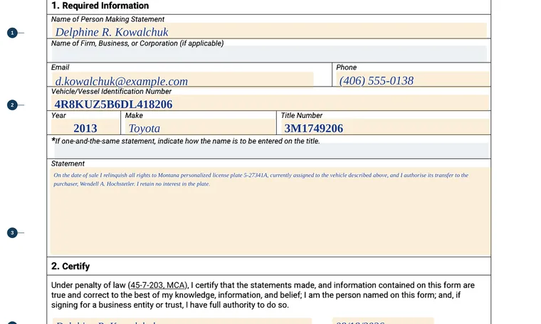 Part of our filled-in example of Montana MV100, Statement of Fact, showing the filled-in entries