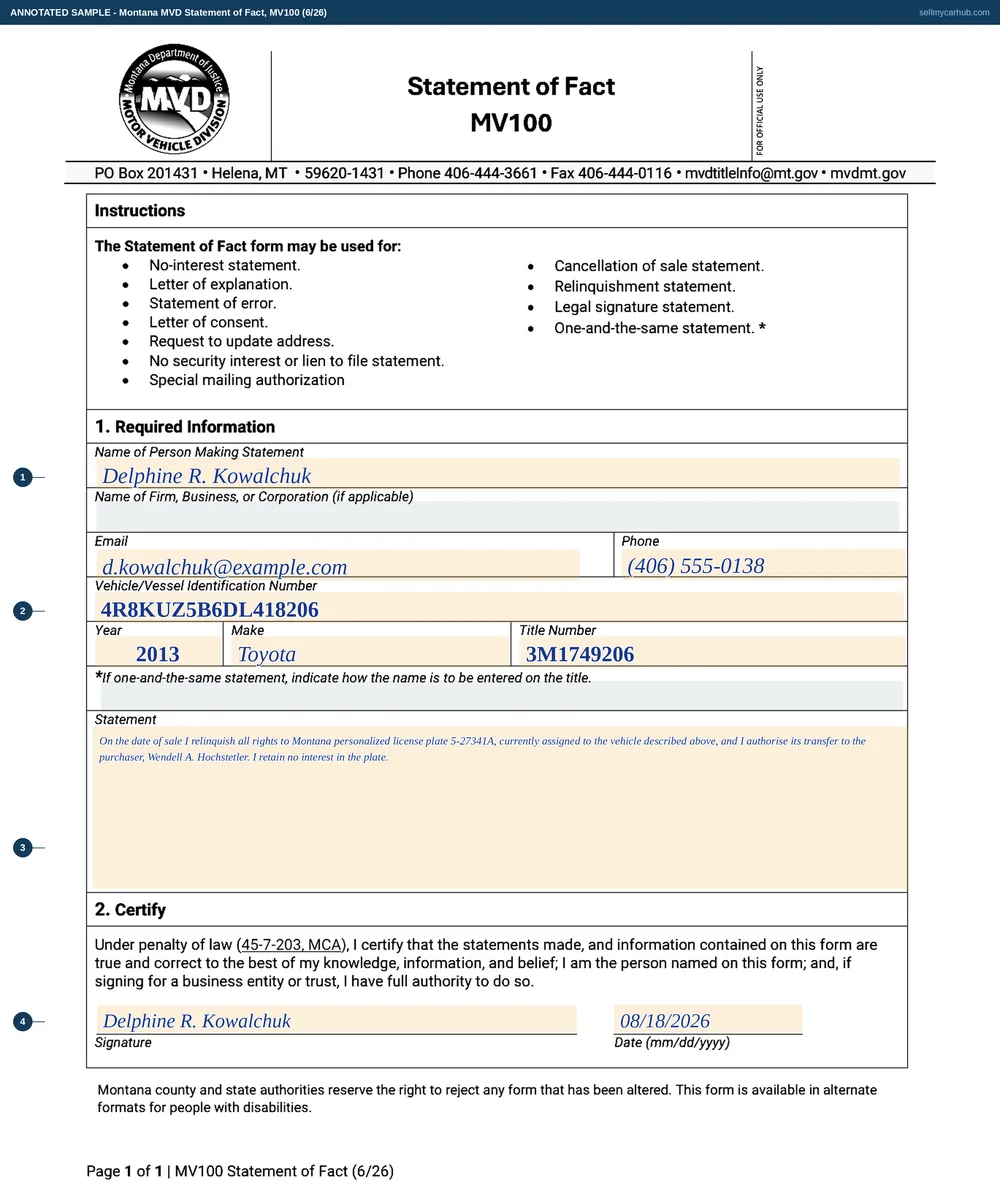 A completed Montana MV100 Statement of Fact. Section 1 names Delphine R. Kowalchuk with her email and phone, the vehicle identification number of a 2013 Toyota, and the Montana title number. The statement block reads that on the date of sale she relinquishes all rights to the Montana personalized licence plate currently assigned to the vehicle, authorises its transfer to the purchaser Wendell A. Hochstetler, and retains no interest in the plate. Section 2 is signed and dated 08/18/2026. The business name field and the one-and-the-same name line are shaded grey.