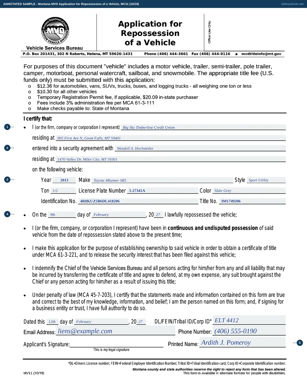 A completed Montana MV11 Application for Repossession of a Vehicle. The applicant is Big Sky Timberline Credit Union of Great Falls, Montana, which entered into a security agreement with Wendell A. Hochstetler of Miles City. The vehicle block describes a 2013 Toyota 4Runner SR5, sport utility, half ton, with its licence plate number, colour, vehicle identification number and Montana title number. The repossession is dated the 9th day of February 2027 and the application the 12th day of February 2027, signed by Ardith J. Pomeroy for the credit union with its identification number, email and phone.