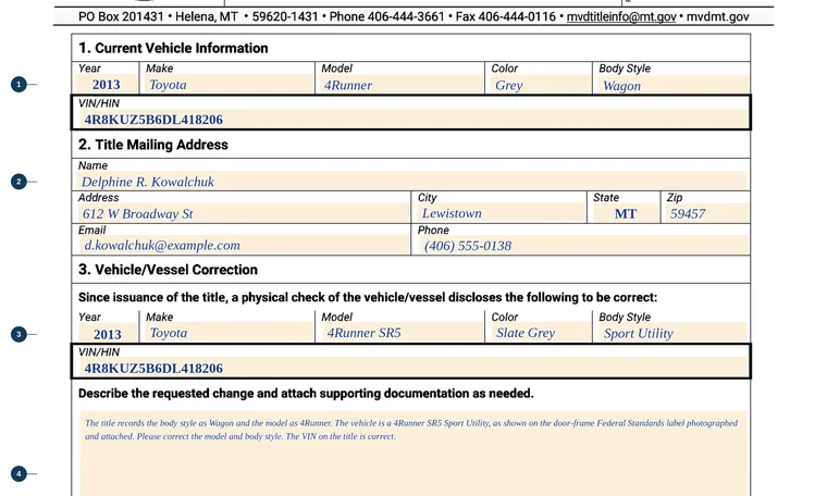 Part of our filled-in example of Montana MV11AB, Statement of Correction, showing the filled-in entries