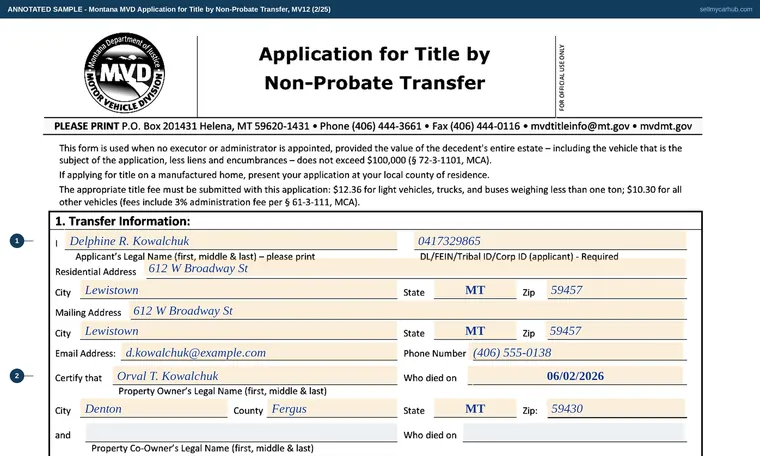 Top of our filled-in example of Montana MV12, Application for Title by Non-Probate Transfer