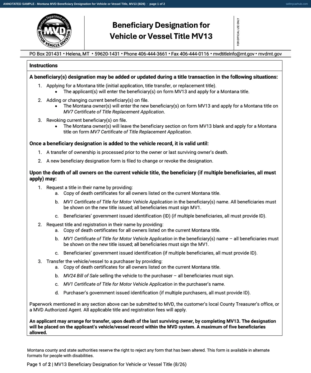 A completed Montana MV13 Beneficiary Designation for Vehicle or Vessel Title, page two. Section 1 names owner Delphine R. Kowalchuk of Lewistown, Montana with her identification number, email and phone. Section 2 describes a 2013 Toyota 4Runner SR5 with its vehicle identification number. Section 3 names one beneficiary, Rusty L. Kowalchuk of Lewistown, with his mailing address, phone and email. Section 4 carries the owner's signature dated 08/03/2026. The joint owner blocks, the second beneficiary block and the joint owner signature line are shaded grey.