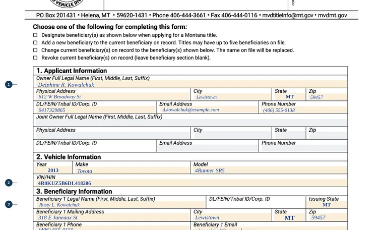 Part of page 2 of our filled-in example of Montana MV13, Beneficiary Designation for Vehicle or Vessel Title, showing the filled-in entries