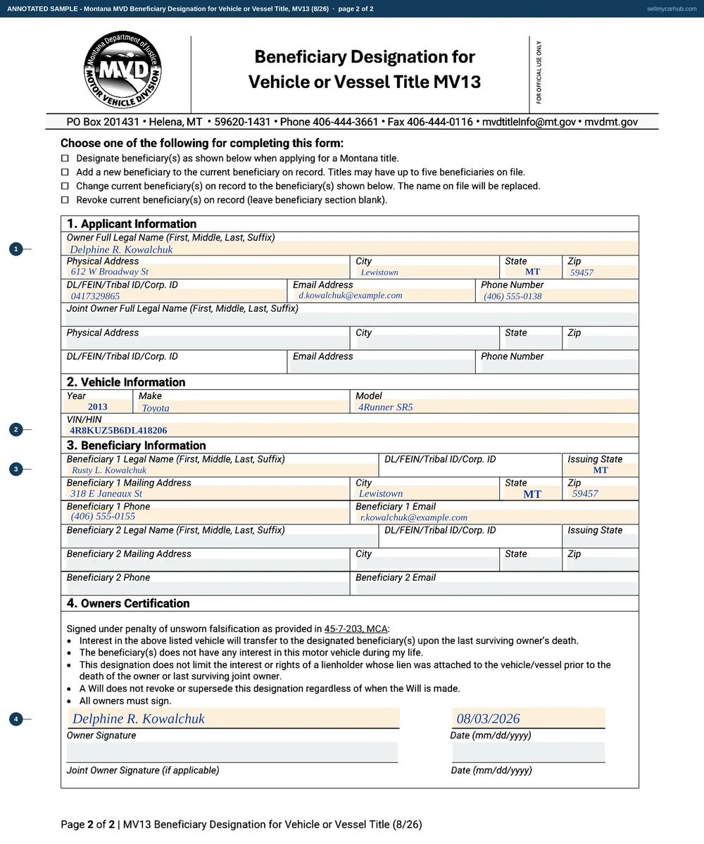 A completed Montana MV13 Beneficiary Designation for Vehicle or Vessel Title, page two. Section 1 names owner Delphine R. Kowalchuk of Lewistown, Montana with her identification number, email and phone. Section 2 describes a 2013 Toyota 4Runner SR5 with its vehicle identification number. Section 3 names one beneficiary, Rusty L. Kowalchuk of Lewistown, with his mailing address, phone and email. Section 4 carries the owner's signature dated 08/03/2026. The joint owner blocks, the second beneficiary block and the joint owner signature line are shaded grey.