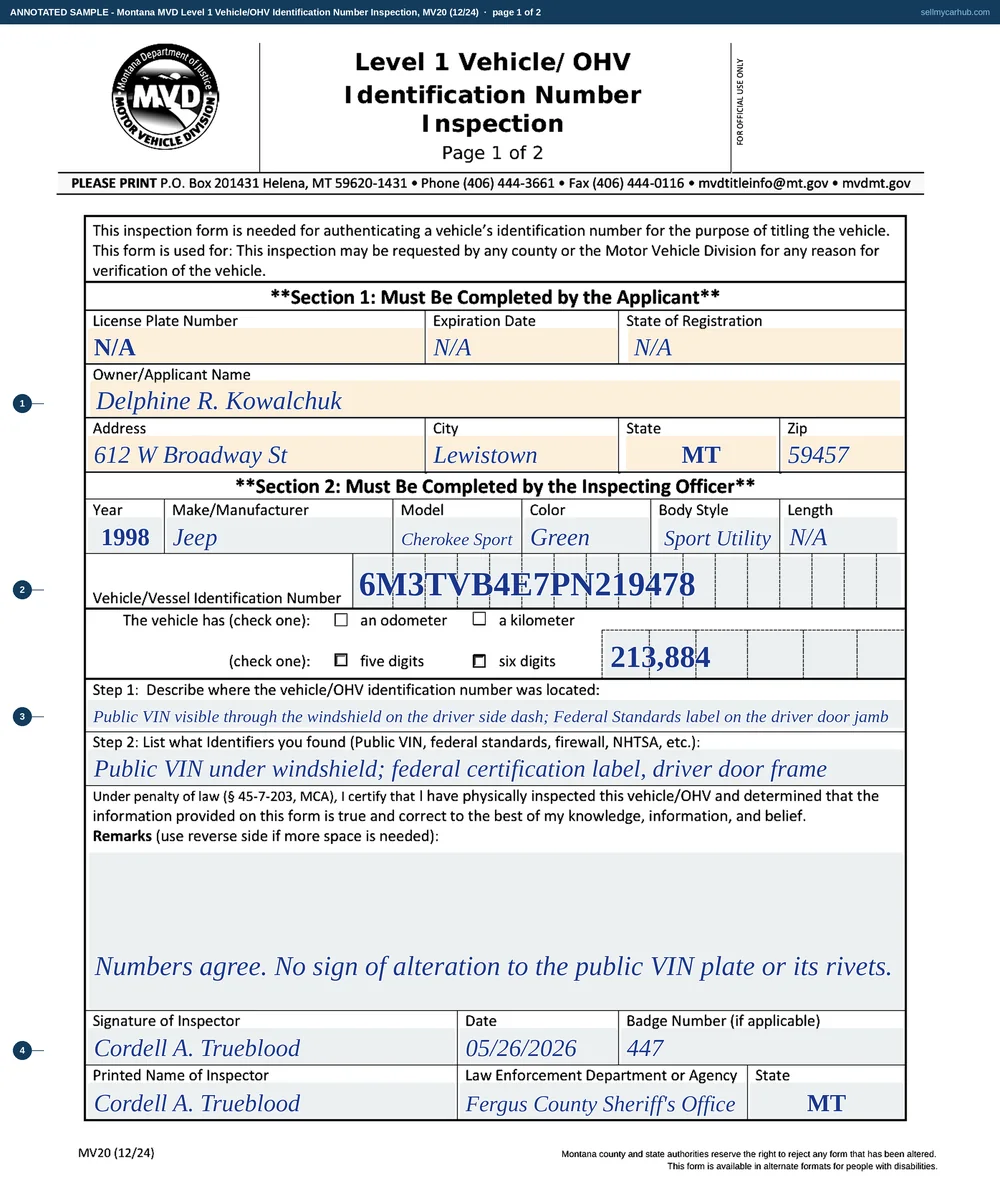 A completed Montana MV20 Level 1 Vehicle/OHV Identification Number Inspection. Section 1 shows the licence plate, expiration date and state of registration as N/A and names owner Delphine R. Kowalchuk of Lewistown, Montana. Section 2, in the inspecting officer's hand, describes a 1998 Jeep Cherokee Sport in green with its vehicle identification number and an odometer reading of 213,884. Step 1 records the public VIN as visible through the windshield on the driver side dash and the Federal Standards label on the driver door jamb; step 2 lists the identifiers found; the remarks note that the numbers agree with no sign of alteration to the public VIN plate or its rivets. The block is signed by Deputy Cordell A. Trueblood of the Fergus County Sheriff's Office with a badge number and the date 05/26/2026.