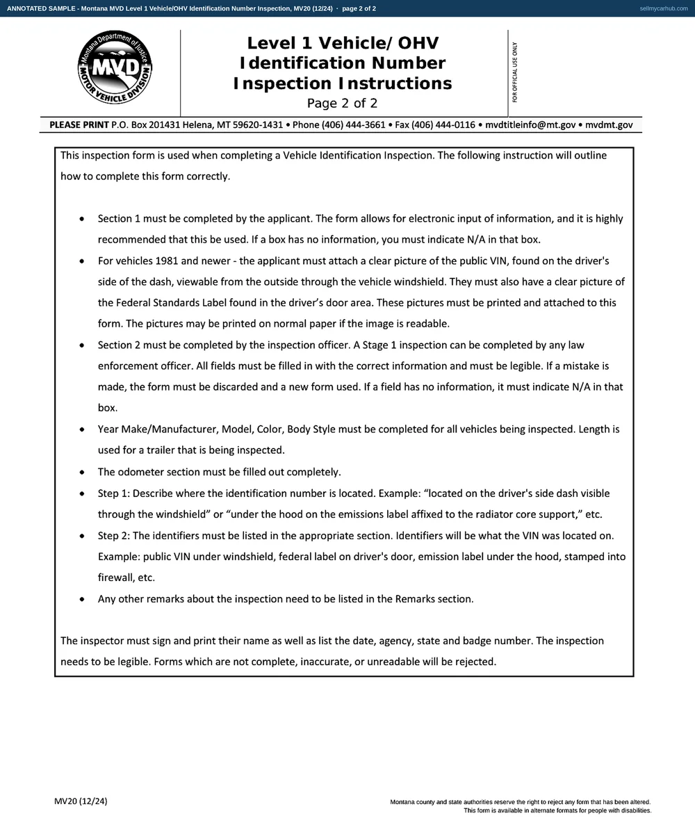 A completed Montana MV20 Level 1 Vehicle/OHV Identification Number Inspection. Section 1 shows the licence plate, expiration date and state of registration as N/A and names owner Delphine R. Kowalchuk of Lewistown, Montana. Section 2, in the inspecting officer's hand, describes a 1998 Jeep Cherokee Sport in green with its vehicle identification number and an odometer reading of 213,884. Step 1 records the public VIN as visible through the windshield on the driver side dash and the Federal Standards label on the driver door jamb; step 2 lists the identifiers found; the remarks note that the numbers agree with no sign of alteration to the public VIN plate or its rivets. The block is signed by Deputy Cordell A. Trueblood of the Fergus County Sheriff's Office with a badge number and the date 05/26/2026.
