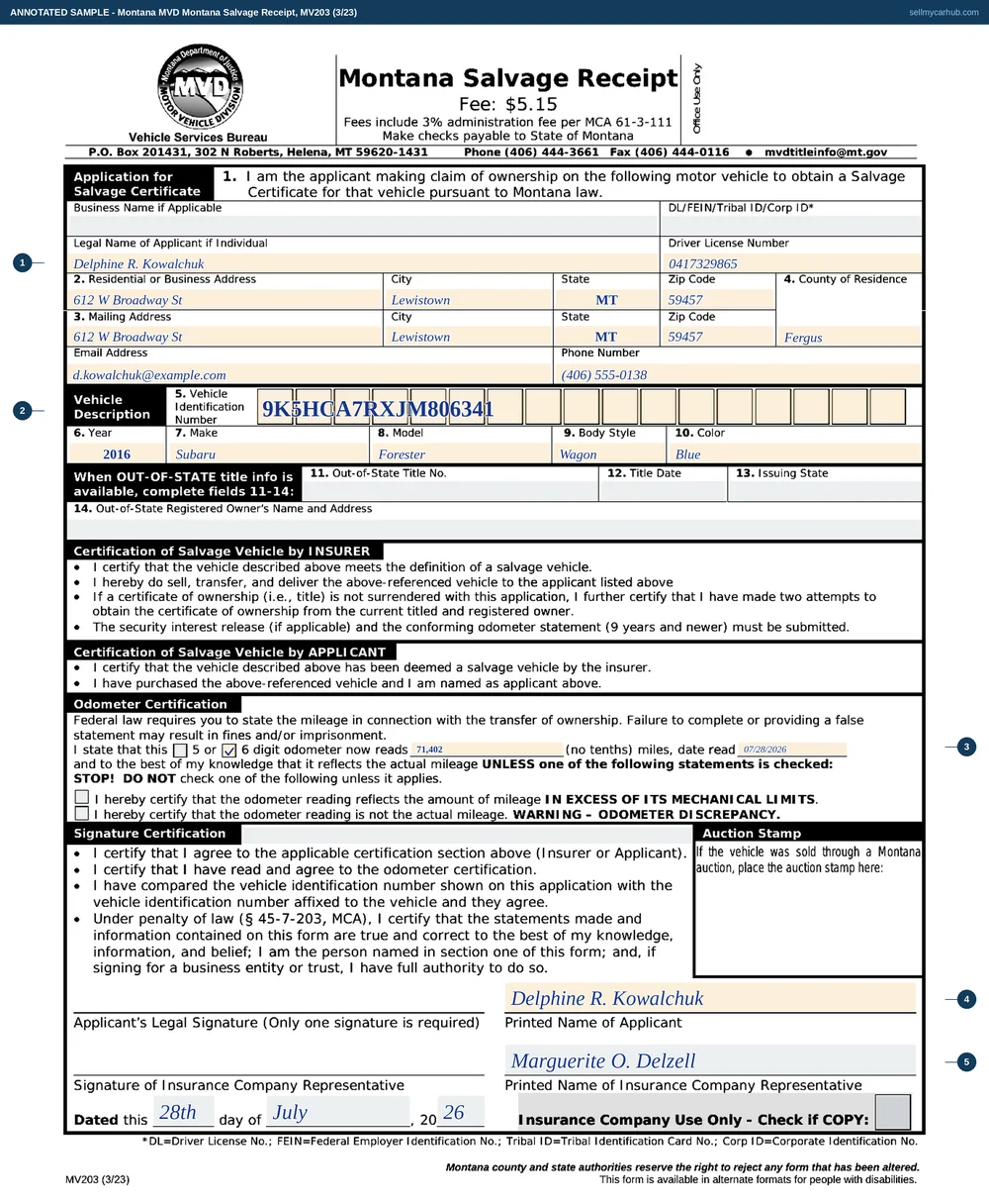 A completed Montana Salvage Receipt, form MV203. The applicant is Delphine R. Kowalchuk of Lewistown, Fergus County, Montana, with her driver licence number, addresses, email and phone. The vehicle description shows a 2016 Subaru Forester wagon in blue with its vehicle identification number. A six-digit odometer is ticked with a reading of 71,402 read on 07/28/2026. The applicant's printed name and the insurance company representative's printed name are completed, dated the 28th day of July 2026. The out-of-state title fields, the two odometer exception boxes and the Check if COPY box are shaded grey.