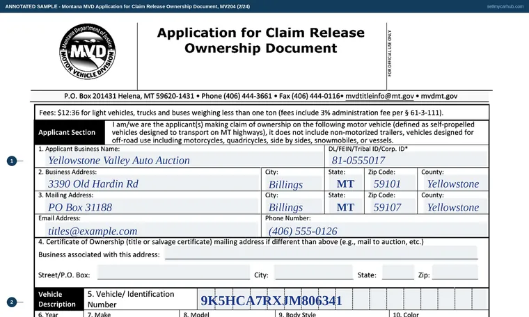 Top of our filled-in example of Montana MV204, Application for Claim Release Ownership Document