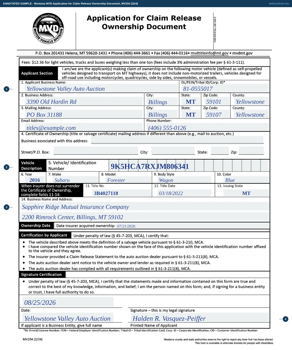 A completed Montana MV204 Application for Claim Release Ownership Document. The applicant is Yellowstone Valley Auto Auction of Billings, Yellowstone County, Montana, with its federal employer identification number, business and mailing addresses, email and phone. The vehicle description shows a 2016 Subaru Forester wagon in blue with its vehicle identification number, Montana title number, title date and issuing state. The insurer block names Sapphire Ridge Mutual Insurance Company of Billings and gives 07/21/2026 as the date the insurer acquired ownership. The form is signed by Halden R. Vasquez-Peiffer for the auction and dated 08/25/2026. The certificate-of-ownership mailing address block is shaded grey.