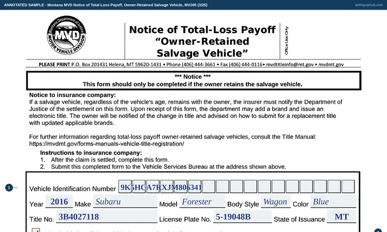 Top of our filled-in example of Montana MV205, Notice of Total-Loss Payoff, Owner-Retained Salvage Vehicle