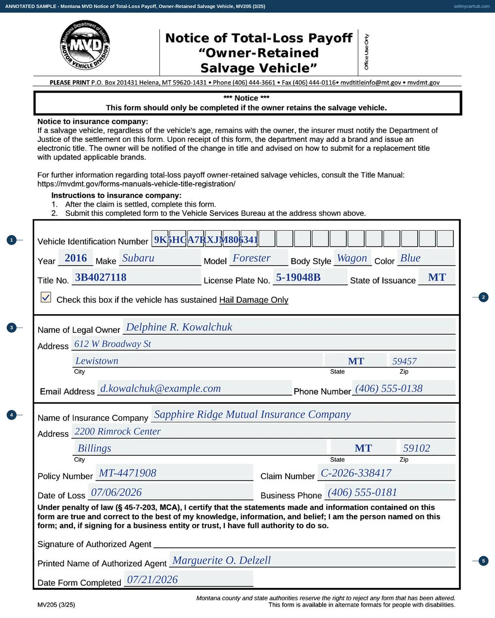 A completed Montana MV205 Notice of Total-Loss Payoff for an Owner-Retained Salvage Vehicle. The vehicle block shows a 2016 Subaru Forester wagon in blue with its vehicle identification number, Montana title number, licence plate number and state of issuance. The Hail Damage Only box is ticked. The legal owner is Delphine R. Kowalchuk of Lewistown, Montana, with email and phone. The insurance company is Sapphire Ridge Mutual Insurance Company of Billings, Montana, with a policy number, claim number, date of loss of 07/06/2026 and business phone. The form is signed by authorised agent Marguerite O. Delzell and dated 07/21/2026.