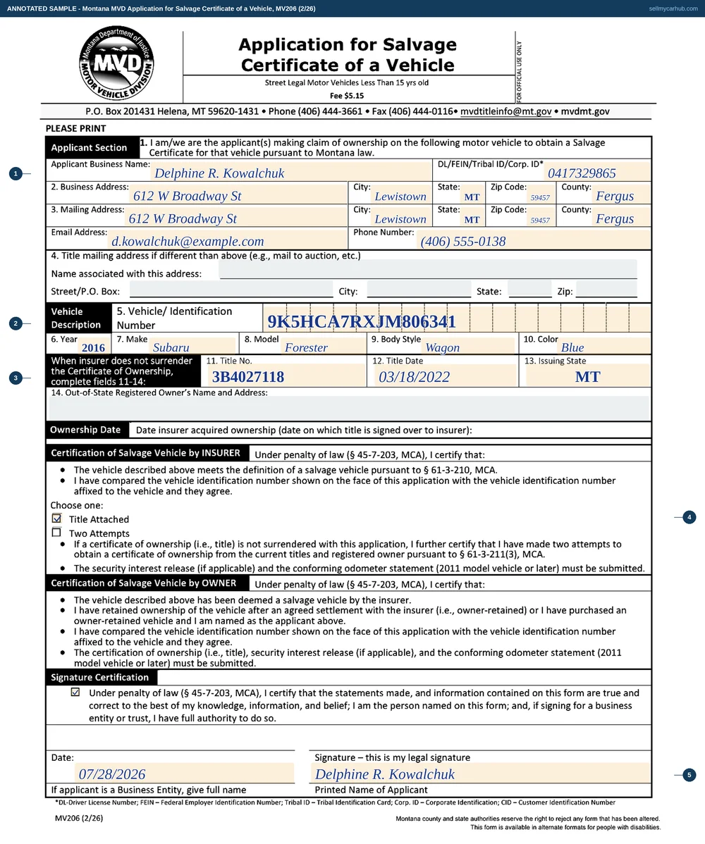 A completed Montana MV206 Application for Salvage Certificate of a Vehicle. The applicant section names Delphine R. Kowalchuk of Lewistown, Fergus County, Montana with her identification number, addresses, email and phone. The vehicle description shows a 2016 Subaru Forester wagon in blue with its vehicle identification number, Montana title number, title date and issuing state. The Title Attached box is ticked, the signature certification is ticked, and the form is signed and dated 07/28/2026. The title mailing address block and the out-of-state registered owner block are shaded grey.