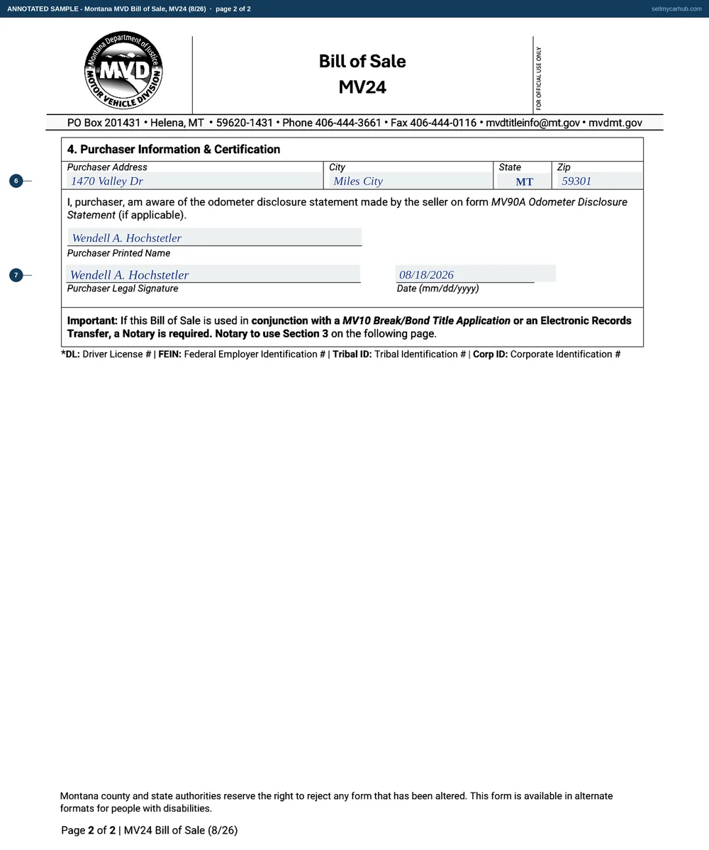 A completed Montana MV24 Bill of Sale. Section 1 describes a 2013 Toyota 4Runner SR5 by year, make, model and vehicle identification number, with the odometer disclosure question answered Yes, Sold for Parts Only answered No and Title Available answered Yes. Section 2 records the sum of $14,750.00, purchaser Wendell A. Hochstetler and seller Delphine R. Kowalchuk of Lewistown, Montana. On the second page the purchaser's address in Miles City, printed name, signature and the date 08/18/2026 are completed. The Not Mechanically Functional tick and value, the alternative answers to each yes/no pair, and the notary block are shaded grey.