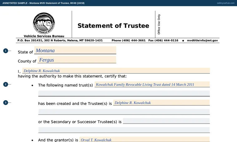Top of our filled-in example of Montana MV40, Statement of Trustee