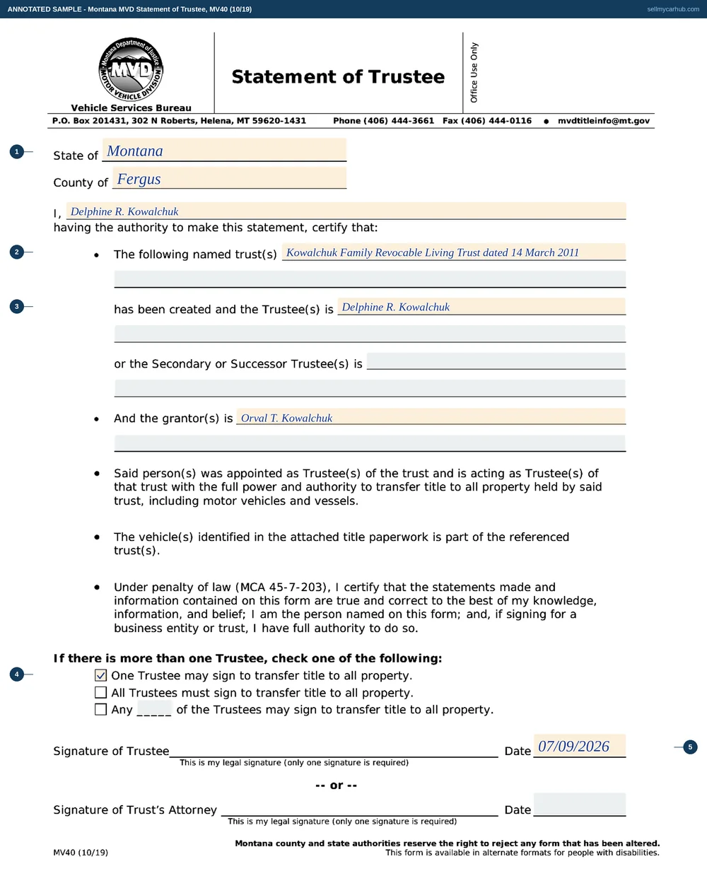 A completed Montana MV40 Statement of Trustee, made in the State of Montana, County of Fergus. Delphine R. Kowalchuk certifies that the Kowalchuk Family Revocable Living Trust dated 14 March 2011 has been created, that she is the trustee, and that the grantor was Orval T. Kowalchuk. The first tick option is marked, settling how many trustees may sign to transfer title to trust property, and the statement is dated 07/09/2026. The second-line continuation fields, the secondary and successor trustee blocks and the attorney's date line are shaded grey.