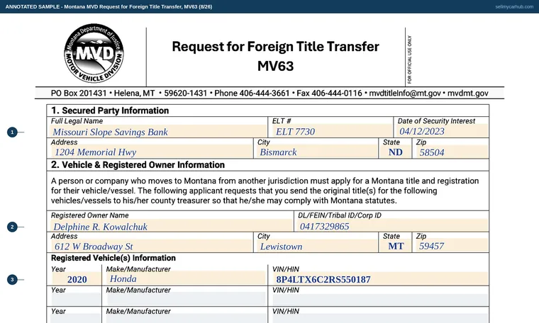 Top of our filled-in example of Montana MV63, Request for Foreign Title Transfer