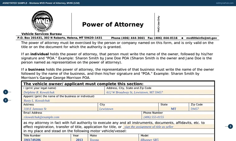 Top of our filled-in example of Montana MV65, Power of Attorney