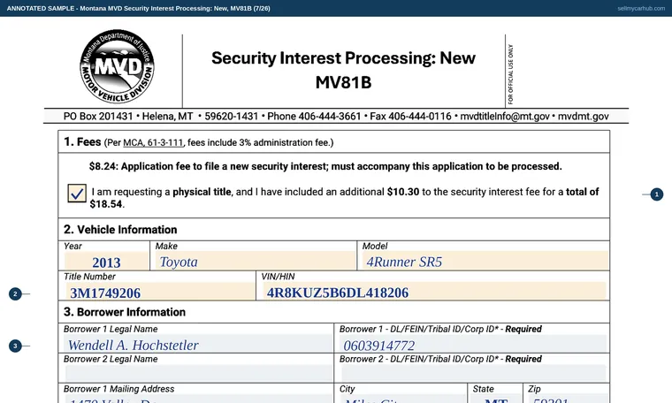 Top of our filled-in example of Montana MV81B, Security Interest Processing: New