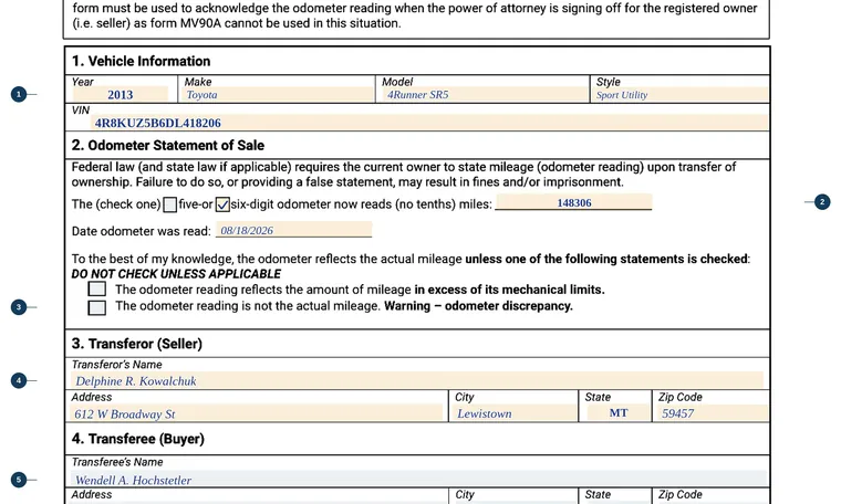 Part of our filled-in example of Montana MV90A, Odometer Disclosure Statement, showing the filled-in entries