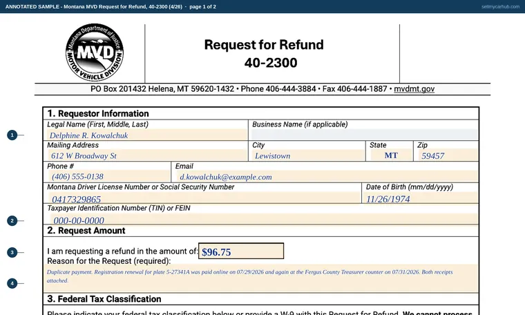 Top of page 1 of our filled-in example of Montana 40-2300, Request for Refund