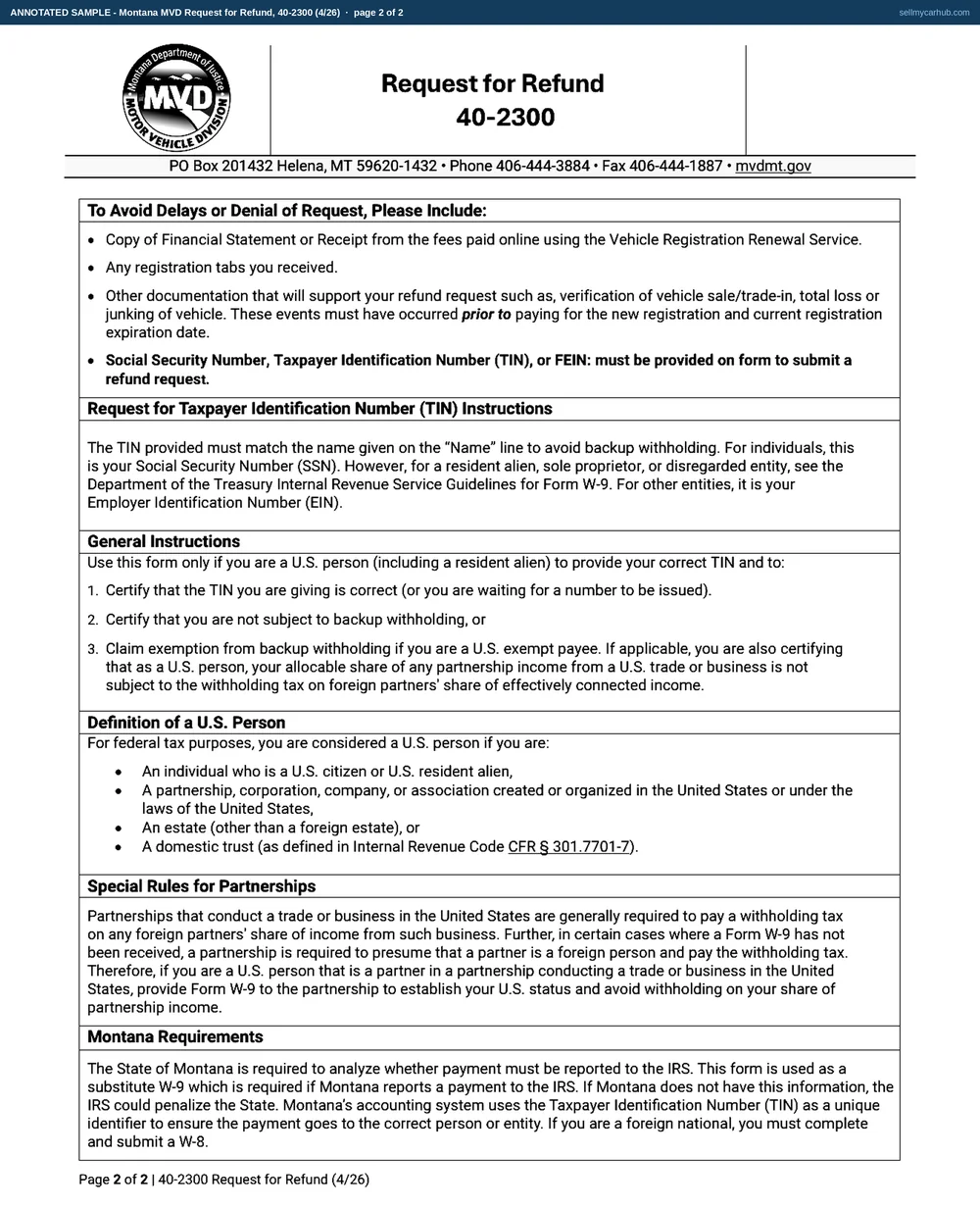 A completed Montana 40-2300 Request for Refund. Section 1 names Delphine R. Kowalchuk of Lewistown, Montana with her phone, email, Montana driver licence number, date of birth and a taxpayer identification number. Section 2 requests $96.75 and gives the reason as a duplicate payment - a registration renewal paid online on 07/29/2026 and again at the Fergus County Treasurer counter on 07/31/2026, with both receipts attached. Section 3 has the individual or sole proprietor classification ticked. Section 4 is signed and dated 08/26/2026. The business name field and the other seven tax classifications are shaded grey.