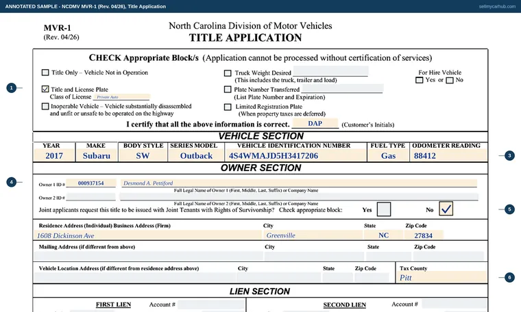Top of our filled-in example of North Carolina MVR-1, Title Application