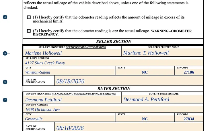 Part of our filled-in example of North Carolina MVR-180, Odometer Disclosure Statement, showing the filled-in entries
