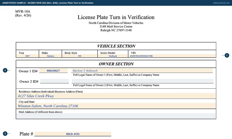 Top of our filled-in example of North Carolina MVR-18A, License Plate Turn in Verification