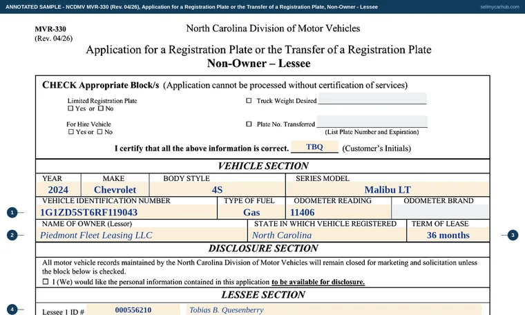 Top of our filled-in example of North Carolina MVR-330, Application for a Registration Plate or the Transfer of a Registration Plate, Non-Owner – Lessee