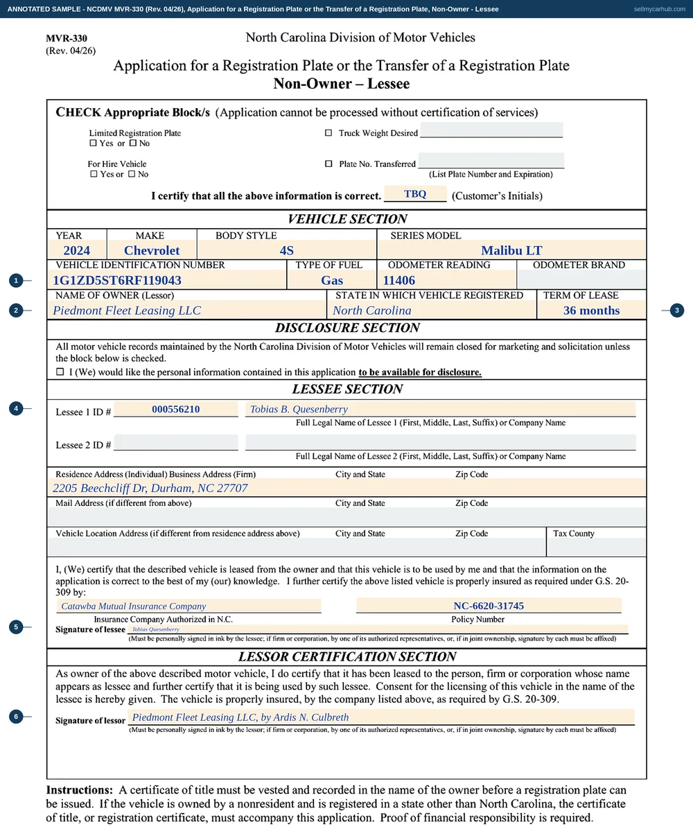 A North Carolina MVR-330 filled in the way a lease company completes it: a 2024 Chevrolet Malibu with VIN 1G1ZD5ST6RF119043 and an odometer reading of 11406, the owner named as a fleet leasing company with a 36-month lease term, a lessee in Durham with his licence number and address, an insurer authorised in North Carolina with a policy number, and separate signatures from the lessee and the lessor.