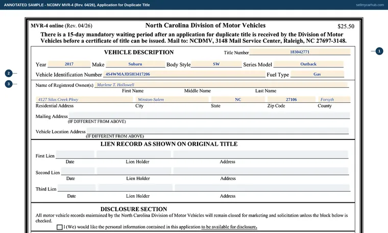 Top of our filled-in example of North Carolina MVR-4, Application for Duplicate Title
