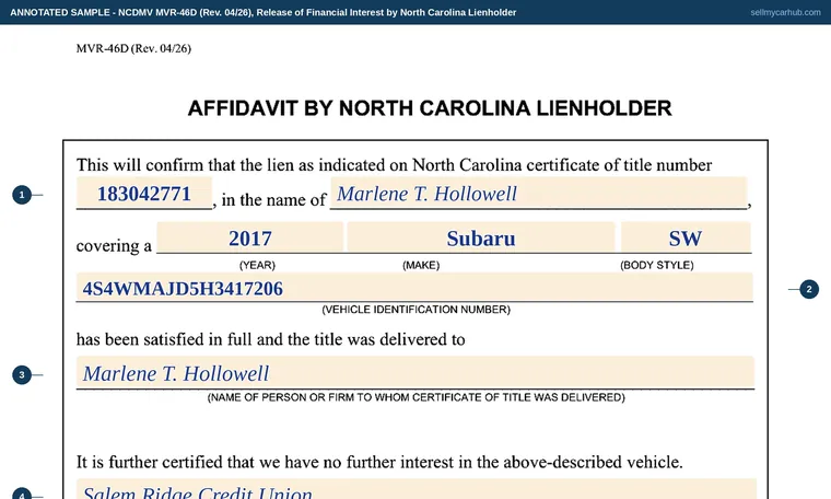Top of our filled-in example of North Carolina MVR-46D, Release of Financial Interest by North Carolina Lienholder