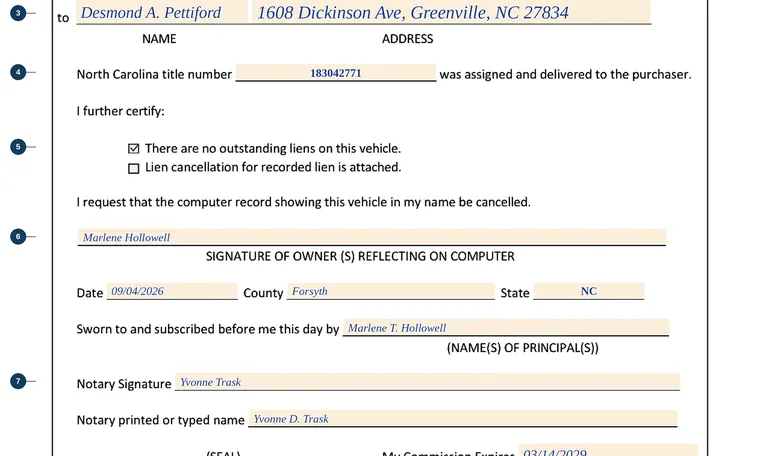 Part of our filled-in example of North Carolina MVR-46F, Affidavit for Removal of Registered Vehicle from Vehicle Registration Files, showing the filled-in entries
