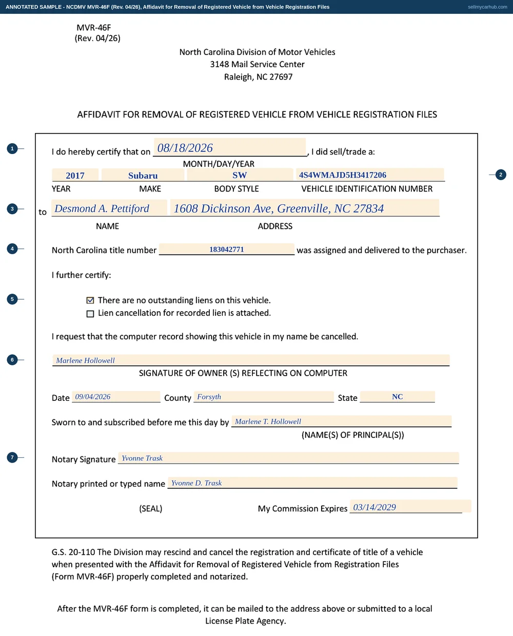 A North Carolina MVR-46F affidavit for removal of a registered vehicle filled in: a sale dated 18 August 2026 of a 2017 Subaru Outback with VIN 4S4WMAJD5H3417206 to Desmond A. Pettiford of Greenville, North Carolina title number 183042771 recorded as assigned and delivered, the no outstanding liens box ticked, the owner's signature and a notary block completed on 4 September 2026 in Forsyth County.