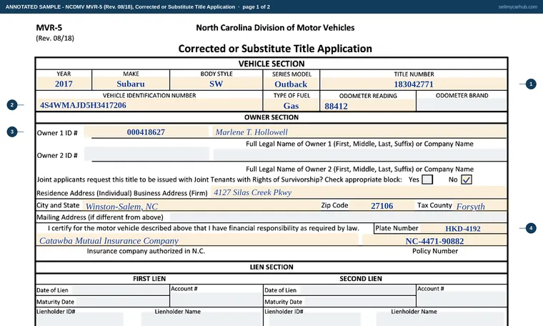 Top of page 1 of our filled-in example of North Carolina MVR-5, Corrected or Substitute Title Application